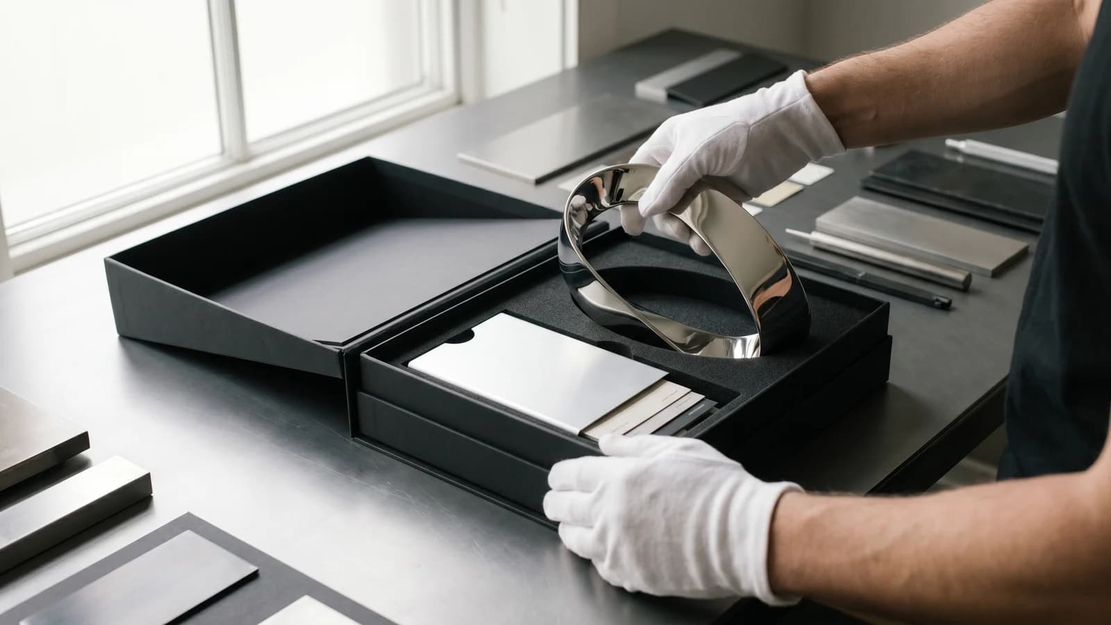 White-glove handling of a polished custom metal object in a black presentation box
