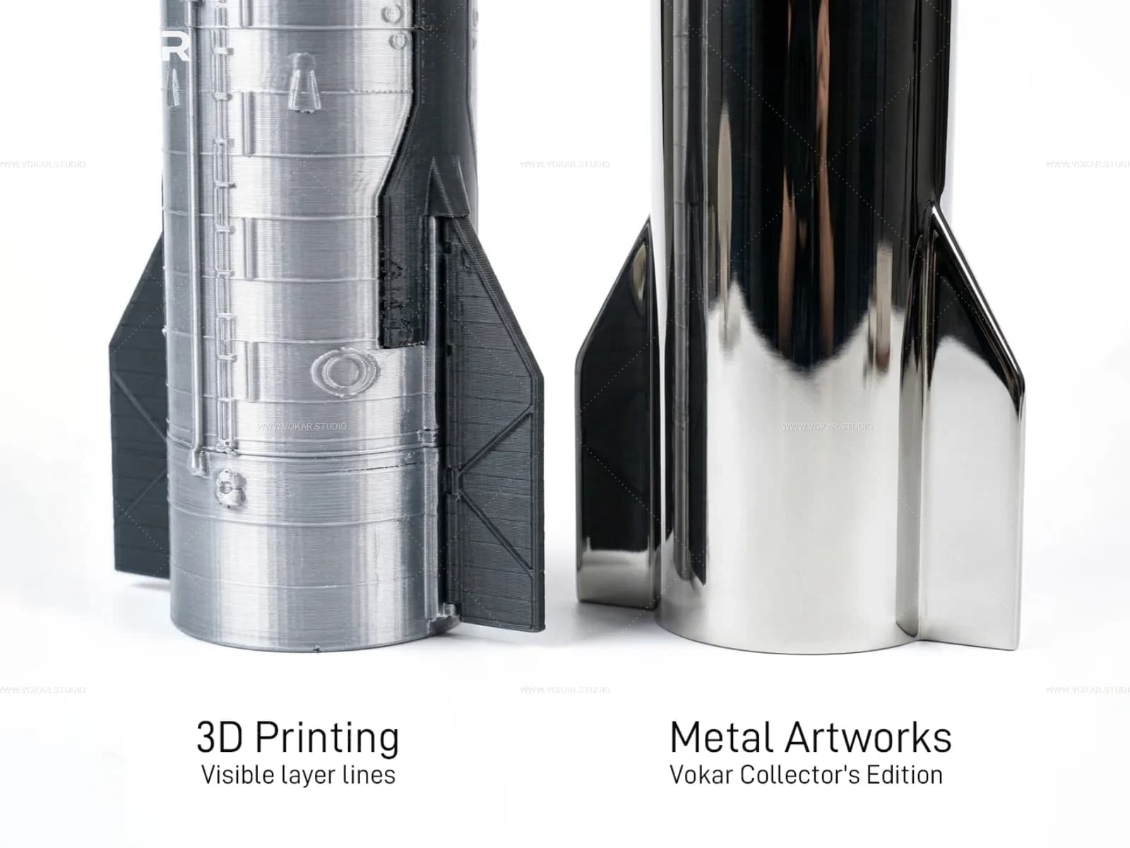 Annotated comparison between 3D printed Starship texture and polished stainless steel Starship model material