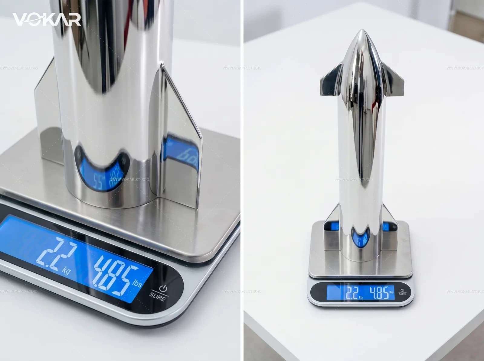 Scale showing the Vokar stainless steel Starship model weight at 2.2 kg and 4.85 lb