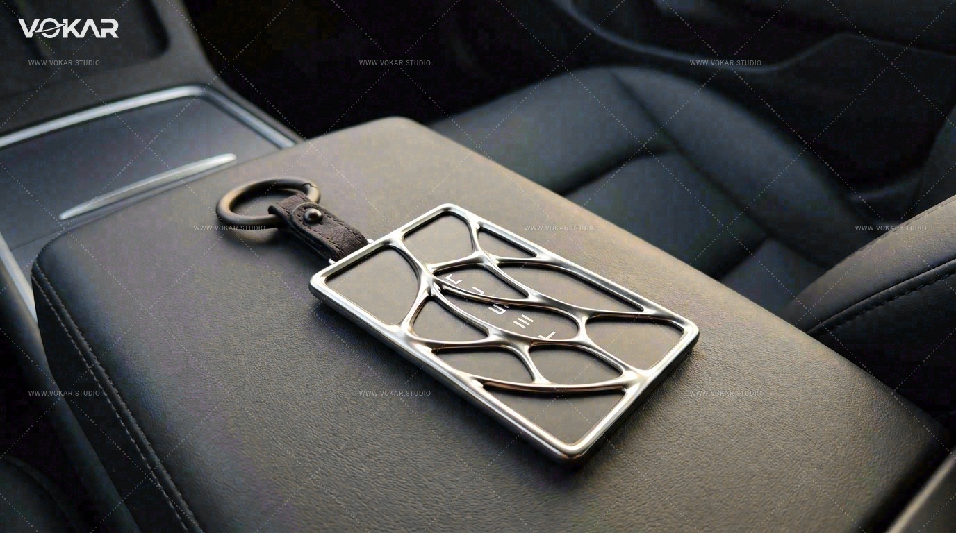 Wide car interior scene with the raised-front metal holder and inserted Tesla key card